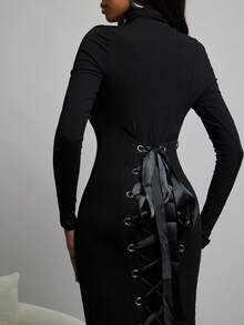 NYA SZN Dress Long Sleeve Turtle Neck Fitted Sweater Midi Length Outfits Women - Black - View 3