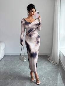 Modelyn Vestido de Manga Longa com Design Ombré Metalizado e Franzido para Mulheres - Castanho - Visão 1