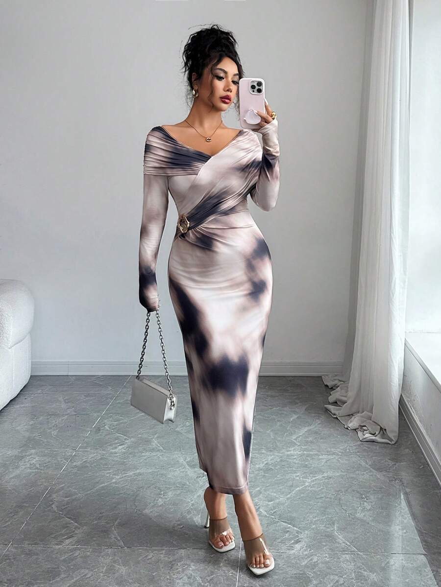 Modelyn Vestido de Manga Longa com Design Ombré Metalizado e Franzido para Mulheres - Castanho - Visão 1