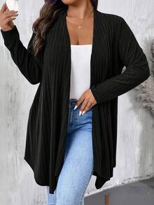 EMERY ROSE Plus Size Women Black Asymmetrical Hem Loose Casual Commute Outerwear Cardigan - Black - View 1