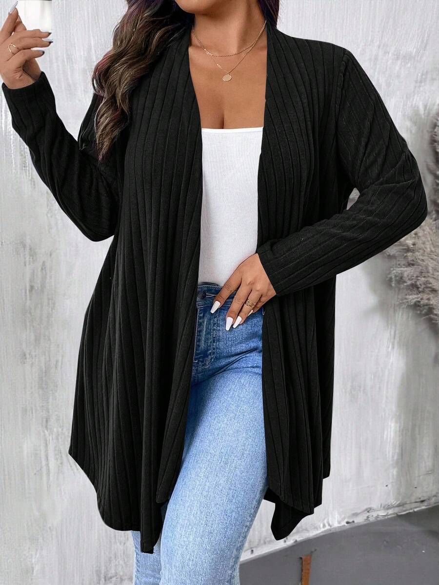 EMERY ROSE Plus Size Women Black Asymmetrical Hem Loose Casual Commute Outerwear Cardigan - Black - View 1