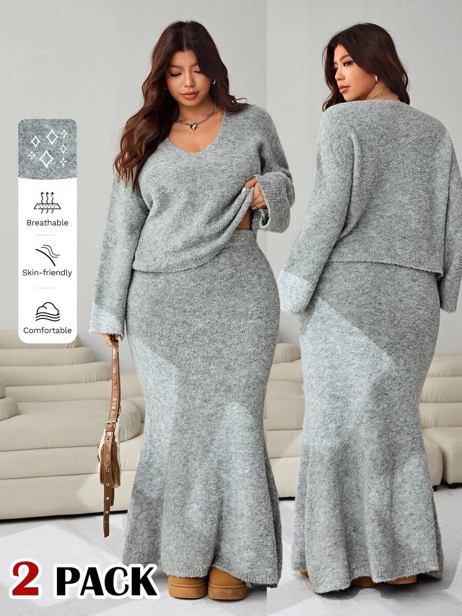 Solflare 2025 Autumn/Winter New Casual Outgoing, Party, Date, Holiday, Home Multi-Occasion Loose Cropped Top & Extra Long Fishtail Skirt Warm, Cozy, Gray Floral Knit Set, Plus Size - Grey - View 1