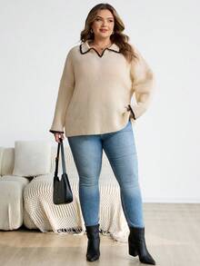 SHEIN CURVE+ 大码休闲撞色狗牙边翻领V领女式套头毛衣秋冬装女士 - 杏色 - 查看 8