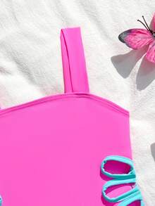 少女花卉镂空设计连体泳衣 - 西瓜粉 - 查看 5