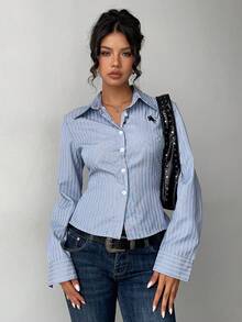 Jeanoix 女式条纹长袖纽扣休闲衬衫，时尚百搭