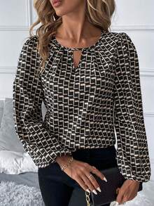 SHEIN Clasi 加大码长袖镂空全印花休闲衬衫商务休闲女装 - 彩色 - 查看 1