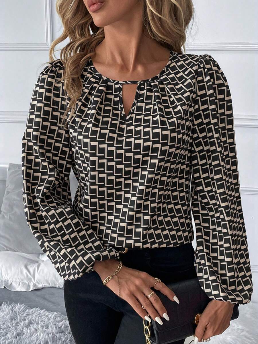 SHEIN Clasi 加大码长袖镂空全印花休闲衬衫商务休闲女装 - 彩色 - 查看 1