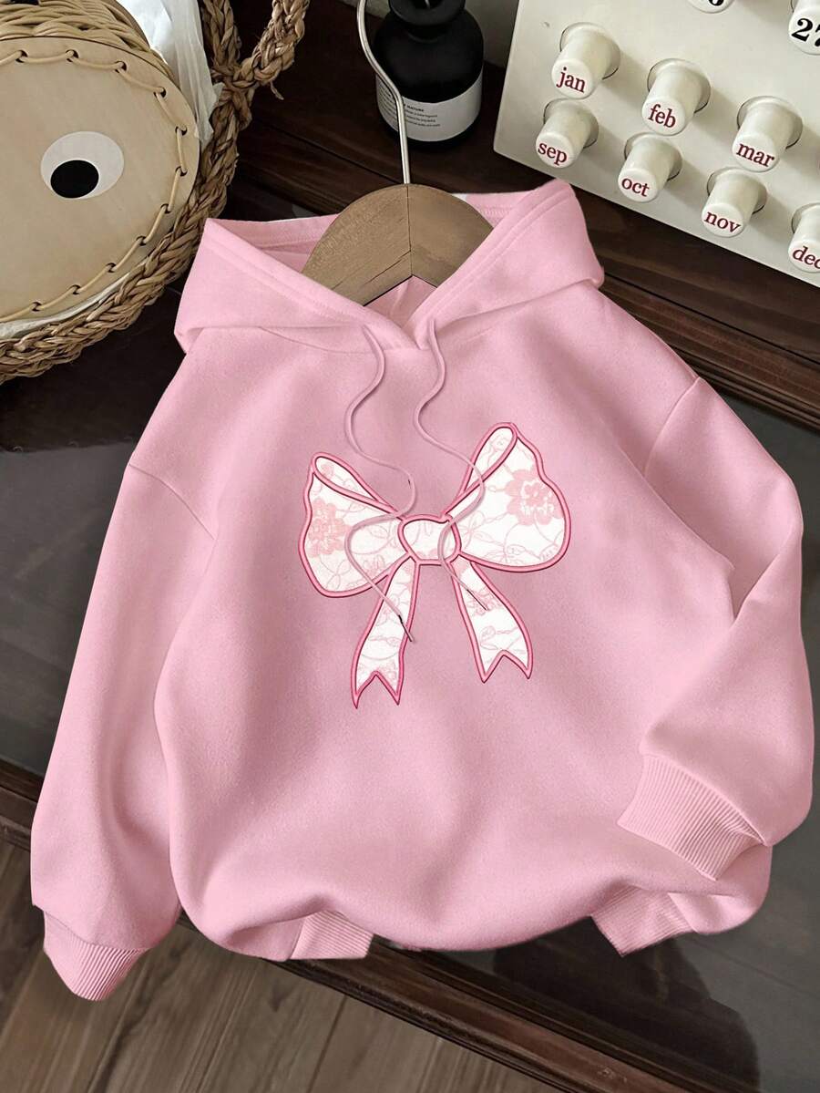 Attitoon 休闲可爱甜美日常仿3D刺绣蝴蝶结印花图案粉色宽松卫衣，适合秋冬季穿着，舒适百搭 - 淺粉色 - 查看 1