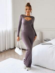 SHEIN Dewbera Sexy Casual Women Hollow Out Crop Top & Pants Sports Suit - Brown - View 1