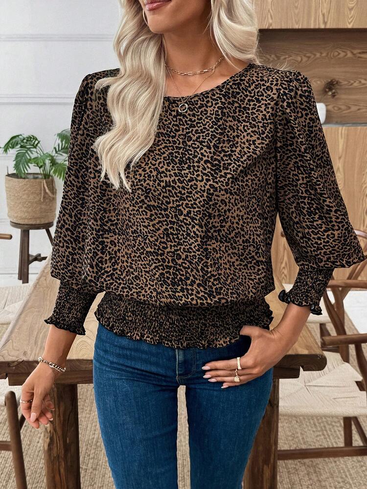 Women's Leopard Silhouette Print Blouse,Elegant Office Autumn Animal Top,Brown Checkered Long Sleeve Coffee Cheetah Tops Cozy Fall Winter Clothes