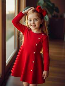 Emery Rose Kids 少女優雅紅白色珍珠鈕扣設計A字洋裝，長袖修身休閒圓領秋季派對洋裝，生日禮物首選 - 紅色 - 查看 3