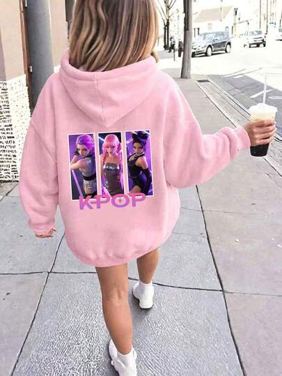 SHEIN Explorewe Young Girl' Cute Cartoon K-POP Girl Pattern Letter Print Pink Hoodie Sweatshirt, Suitable For Autumn/Winter Outings And School Wear