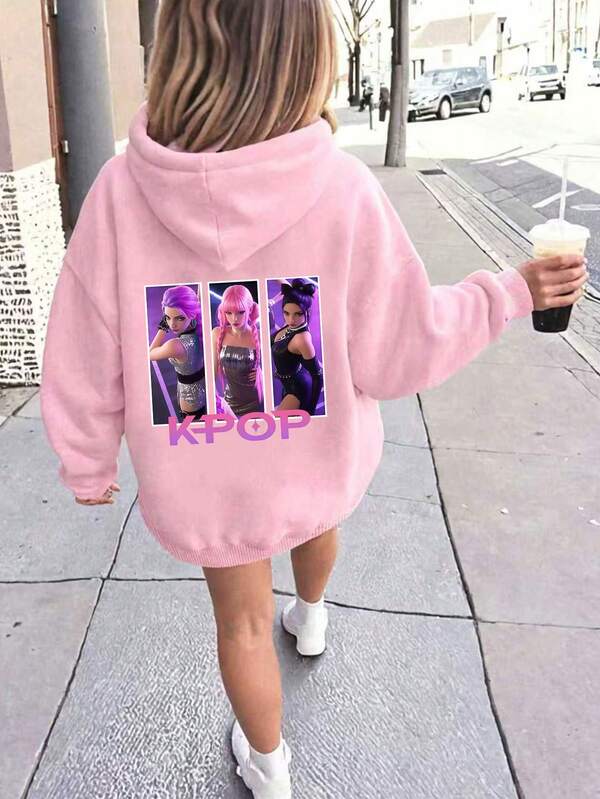 SHEIN Explorewe Sudadera con capucha rosa con estampado de letra y patrón de niña de dibujos animados K-POP, adecuada para salidas de otoño/invierno y uso escolar