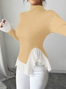 Selianne Camiseta de manga larga con cuello alto y volantes de color contrastante para mujer - Caqui - Ver 3