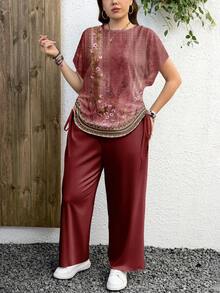 EMERY ROSE 2pcs Plus Size Casual Vintage Floral Pattern Set, Suitable For Summer - Pink - View 8