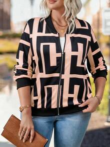 大码女式几何印花长袖拉链休闲棒球夹克，秋季 - 彩色 - 查看 4
