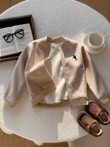 SHEIN 男婴刺绣拉链羊毛夹克，秋冬 - 杏色 - 查看 4