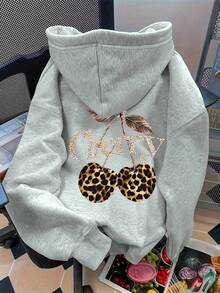 SHEIN Sparklyn Teen Girl Casual Fashion Creative Fresh Minimalist Leopard, Cherry, Fruit Pattern Cheetah Cherry Printed Sweatshirt, Suitable For Autumn Y2k