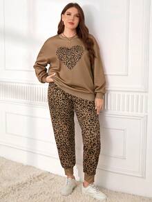 EMERY ROSE Plus Size Women  Brown Leopard Print Heart Graphic Round Neck Drop Shoulder Long Sleeve Sweatshirt And Pants Casual 2 Piece Set Cozy Fall And Winter Clothes For Women Maija Fall Winter 2025 Fall/Winter Party Elegant Dress Women Cozy Fall And Winter Clothes For Women
