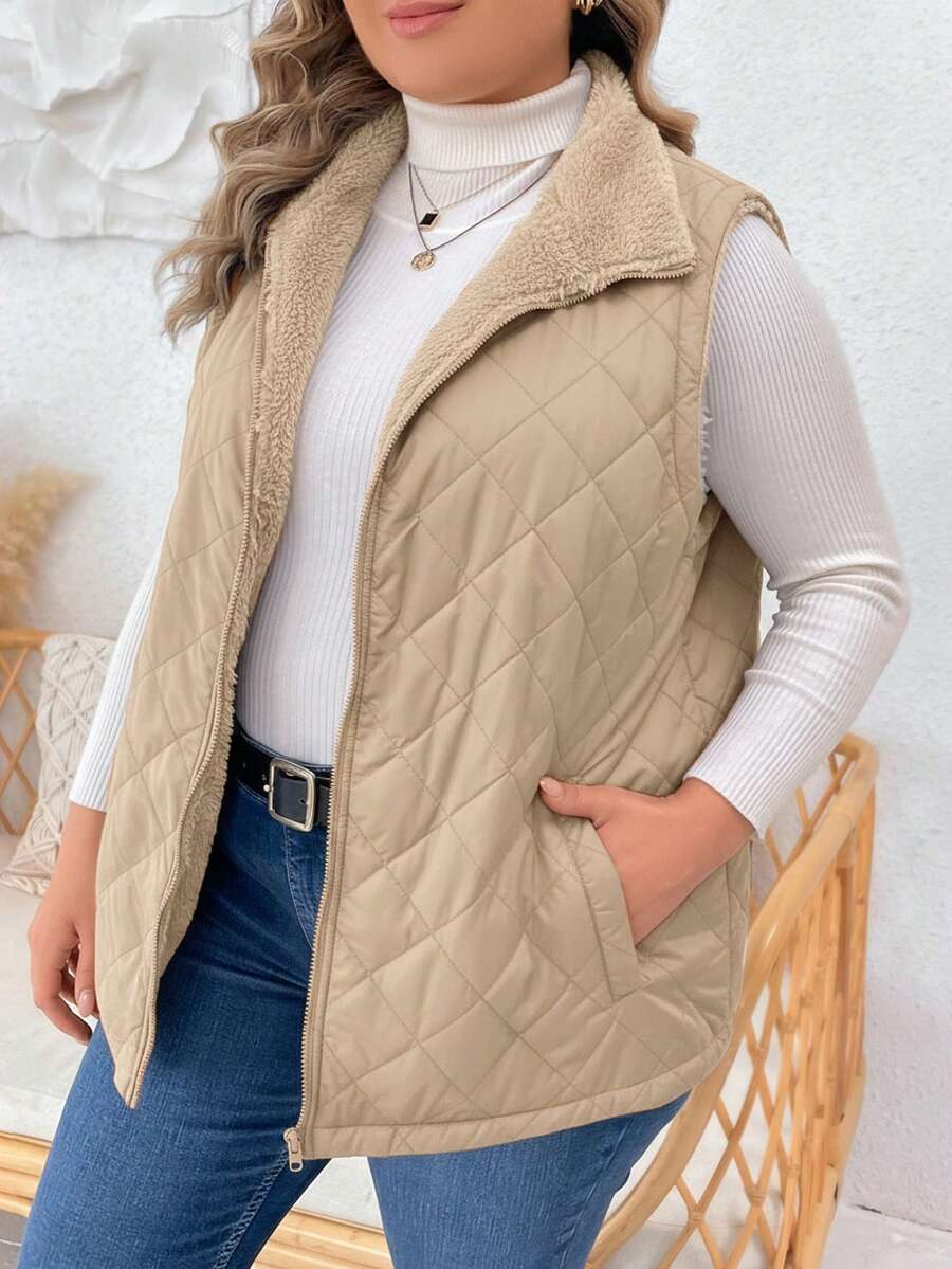 EMERY ROSE Áo khoác mùa đông không tay lót lông màu trơn cỡ lớn cho nữ, túi trước có khóa kéo, áo khoác mùa đông thường ngày, áo vest màu nâu rám nắng, áo vest mùa đông cho nữ, áo vest nữ, áo vest chần bông cho nữ - Màu be - Xem 1