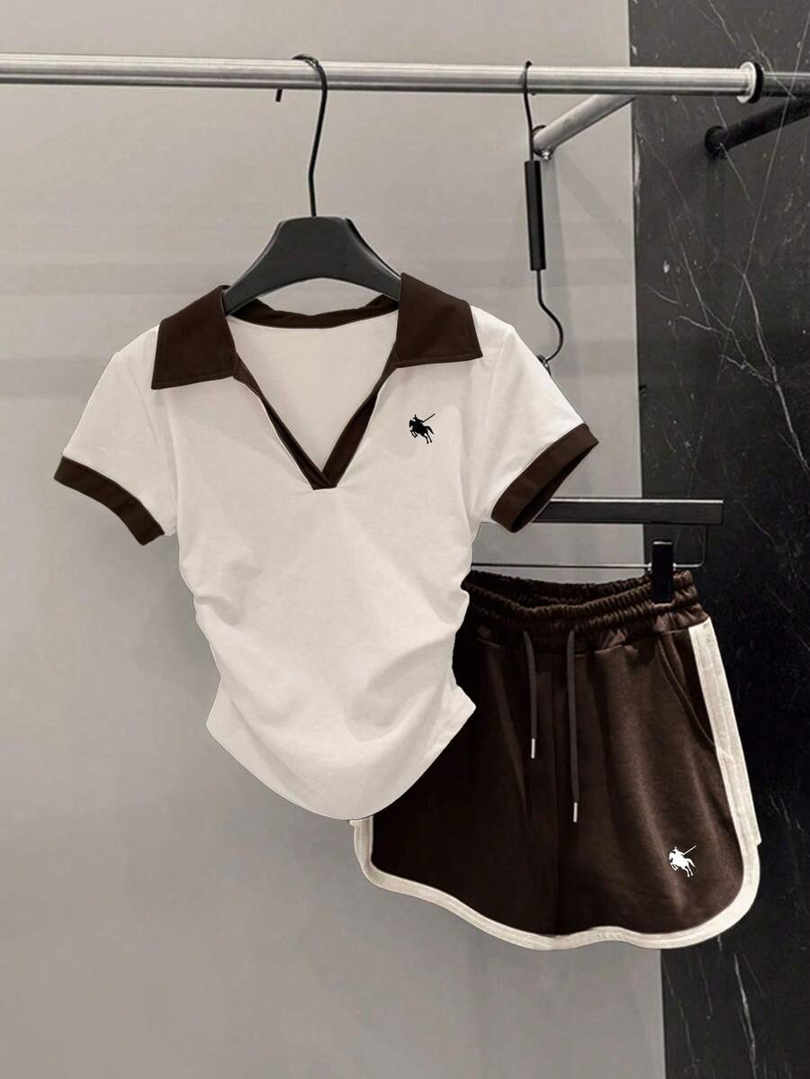 INAWLY Women's Casual Contrast Color Short Sleeve T-Shirt & Shorts Set - Apricot - View 1