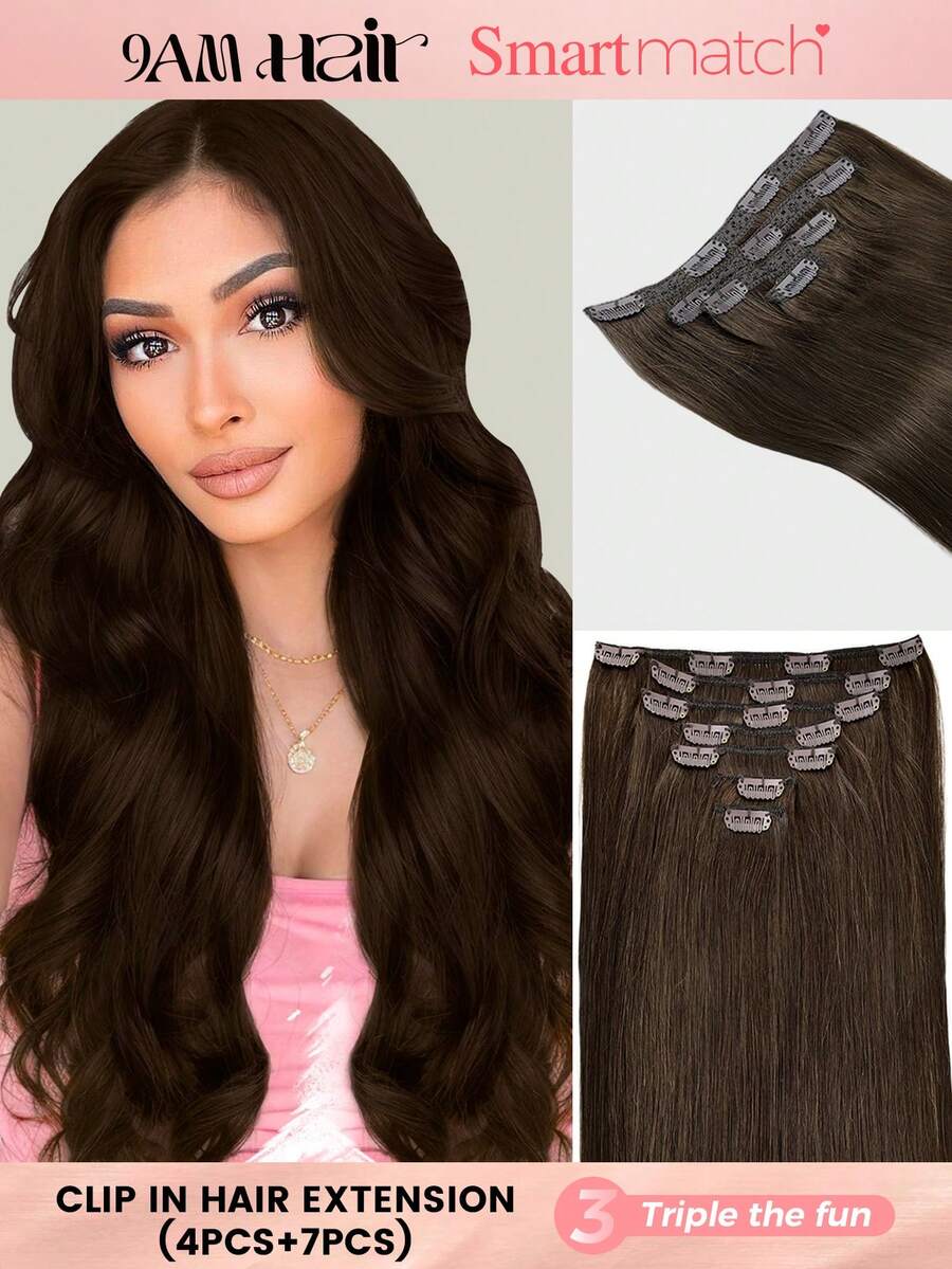 SMART&MATCH Clip In Hair Extensions Real Human Hair, Remy Human Hair Extensions Clip Ins For Women, Natural Human Hair, 14-20 Inch 2 Packs (4pcs+7pcs) - S2 - View 1