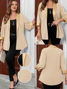 EMERY ROSE Plus Size Women's Casual Personalized Patchwork Leather Jacket, Spring/Autumn/Winter - Apricot - View 1