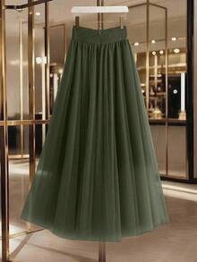 GlowEve 女士优雅网眼拼布纽扣装饰休闲通勤裙 - 軍綠色 - 查看 2