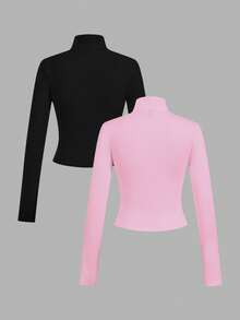 SHEIN EZwear 2 件卡通印花拉链长袖针织 T 恤，粉色和黑色，女款，秋冬 - 彩色 - 查看 2