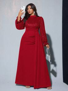 SHEIN Galaire 大码女士优雅亮片装饰长袖收腰连衣裙，适合宴会、派对、婚礼宾客、新年、圣诞节等场合。 - 紅色 - 查看 1