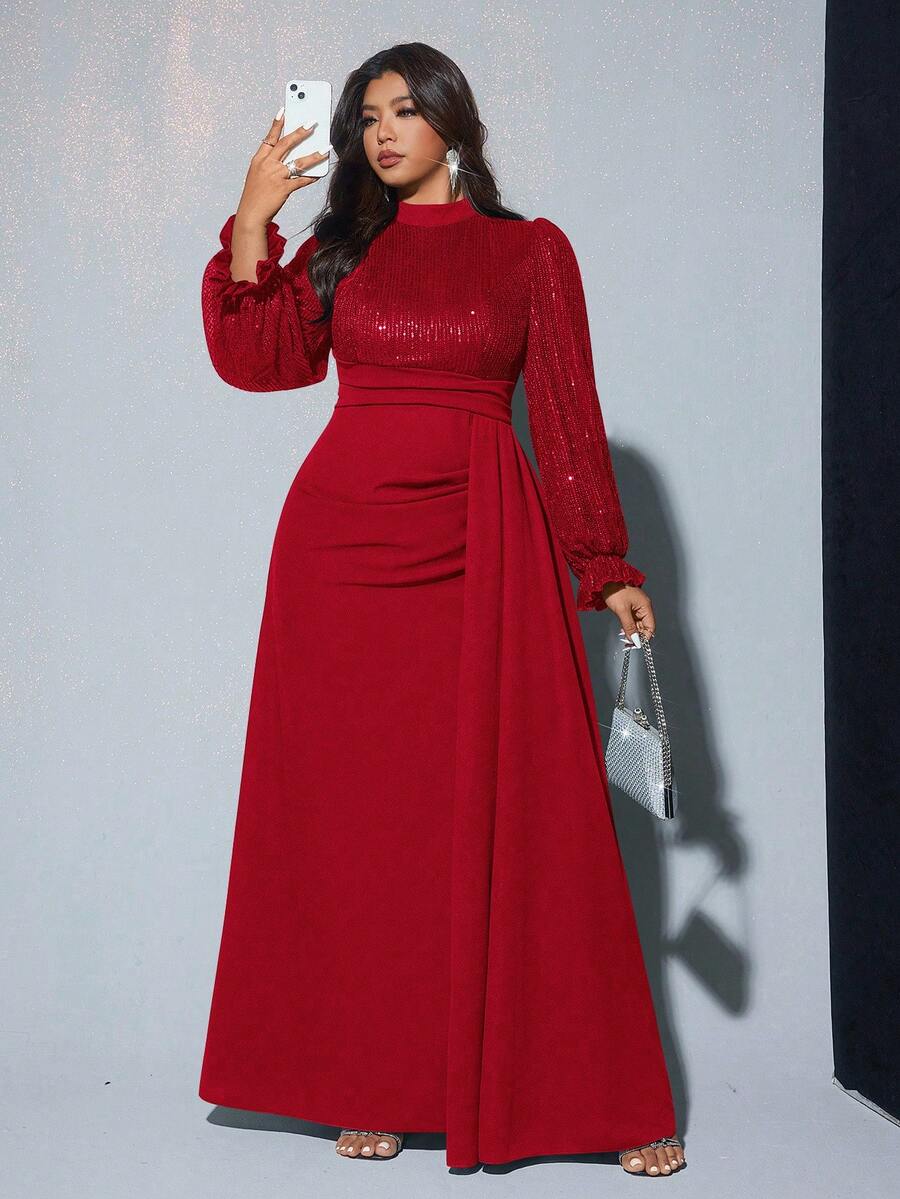 SHEIN Galaire 大码女士优雅亮片装饰长袖收腰连衣裙，适合宴会、派对、婚礼宾客、新年、圣诞节等场合。 - 紅色 - 查看 1