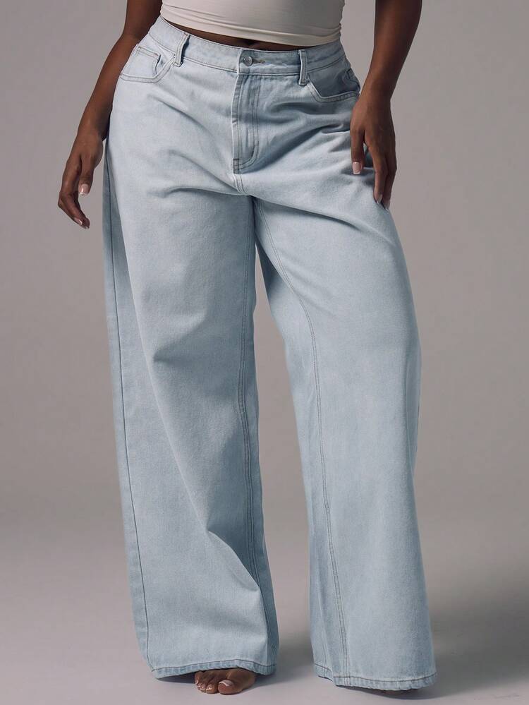 MUSERA Büyük Beden Geniş Paçalı Kot Pantolon, Günlük Kullanım İçin Şık Temel Kot Kumaşı - Mavi - Görünüm 3
