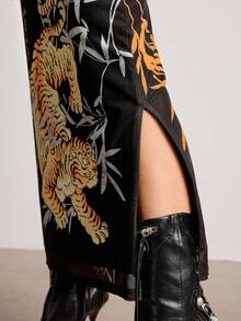 ROMWE Avant 中国风老虎竹叶书法印花开衩女裙