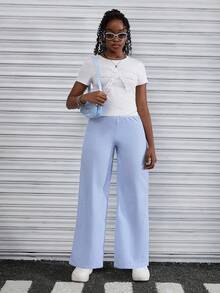 2pcs/Set Teen Girls White Bowknot Blouse Short Sleeve T-Shirt With Blue & White Striped Loose High Waisted Pants - Multicolor - View 1