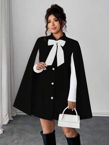 Elenzga Fashionable Casual French Retro Elegant Pearl Button Bow Cloak Overcoat