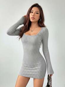 SHEIN PETITE Đầm ôm sát cổ tròn tay loe trơn - Xám - Xem 4
