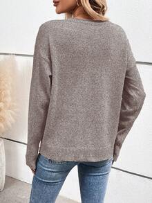 EMERY ROSE Women's Solid Color Minimalist Long Sleeve Sweater, Everyday Wear - Coffee Brown - View 2
