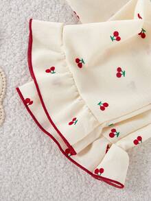 Girls Pajama Set Thermal Loungewear 2-Piece Set - Cream Red Cherry Pajamas Sweet Cherry Print Lapel Design Cream Red Vintage Elegant Color Thermal Knit Fabric Long Sleeve Lapel Top Pants Cherry Combo Social Media Style Sweet Vintage Autumn Winter Spring Holiday Essential Tween Girl Home Set Two Pieces Sleepwear Set Pajamas Set Two Pieces - Apricot - View 8