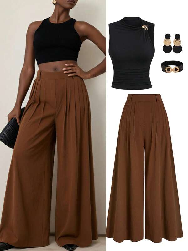 EMERY ROSE Plus Size Pleated Xavier Viamonte Casual Pants, Vintage Style, Loose & Comfortable, Suitable For Spring, Summer, Autumn, Elegant Minimalist Design, Versatile, Ideal For Vacation