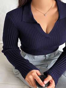 Dazy Plus 纯色 V 领弹力修身长袖酒红色套头毛衣 - 藏蓝色 - 查看 1