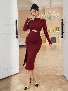 DAZY 女士优雅纯色镂空高领不对称中长连衣裙，秋季红色女士圣诞连衣裙 - 酒紅色 - 查看 11