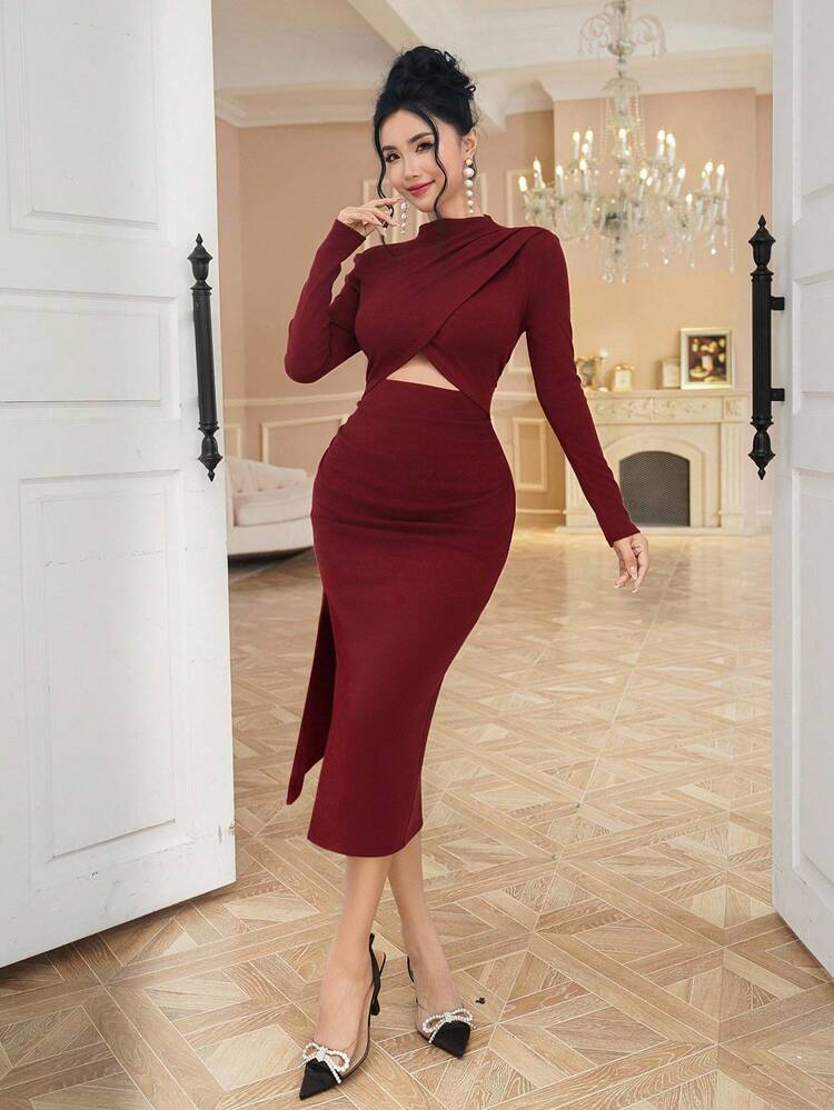Women's Elegant Solid Color Hollow High Neck Asymmetric Mid-Length Dress, Autumn Red Women Dresses Christmas