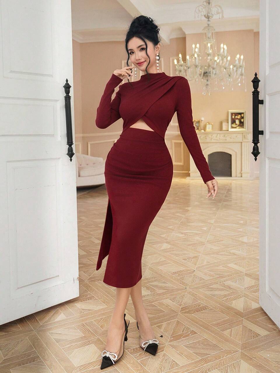 Women's Elegant Solid Color Hollow High Neck Asymmetric Mid-Length Dress, Autumn Red Women Dresses Christmas