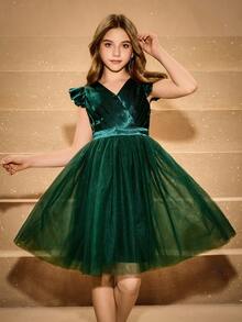 女孩优雅奢华圣诞绿色 V 领连衣裙，搭配分层薄纱和蝴蝶结后背，适合晚会、婚礼、舞会、万圣节、感恩节、毕业典礼 - 墨綠色 - 查看 1