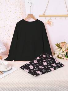 Girls Minimalist Fuchsia Eyelash Print Long Sleeve Top And Pants Comfortable 2 Pieces Pajama Set - Black - View 2