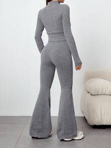 Dewbera 女士无缝瑜伽运动拉链短款上衣和高腰运动紧身裤套装 - 灰色 - 查看 6