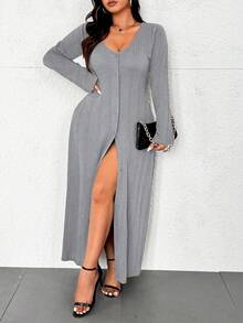 Calvaya Đầm dài họa tiết màu trơn đơn giản cỡ lớn cài nút phía trước, trang phục thu cho nữ Maxi - Màu Xám nhạt - Xem 3