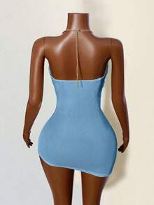 BamGleam Đầm cổ yếm khoét sâu gợi cảm họa tiết vỏ kim loại cho nữ - Màu xanh lam - Xem 2