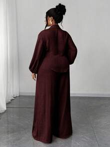 Maweii Plus Size Women Solid Color Lantern Sleeve Single-Breasted Jacket And Wide Leg Pants Casual 2 Pieces Set