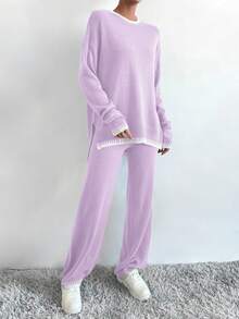 SHEIN LUNE 女士秋冬撞色圆领落肩长袖毛衣和针织裤休闲两件套 - 彩色 - 查看 5